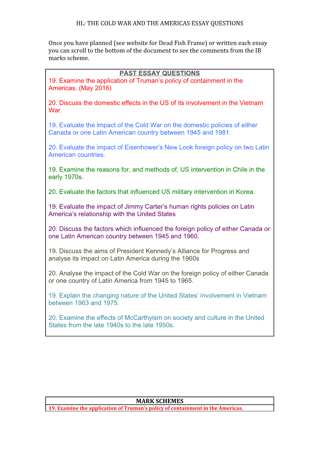 Hl: the Cold War and the Americas Essay Mark Schemes s1