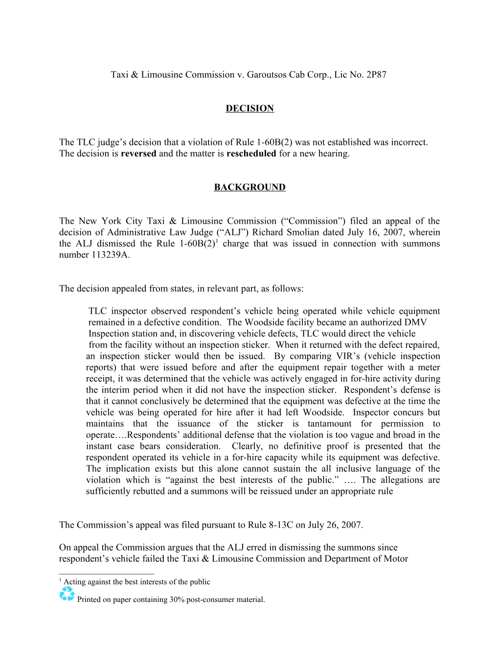 Taxi & Limousine Commission V. Garoutsos Cab Corp., Lic No. 2P87