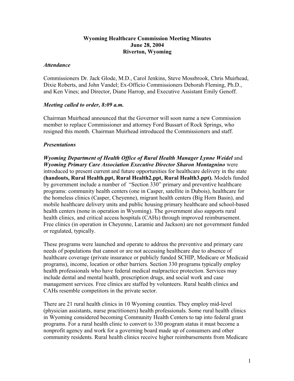 Wyoming Healthcare Commission Meeting Minutes