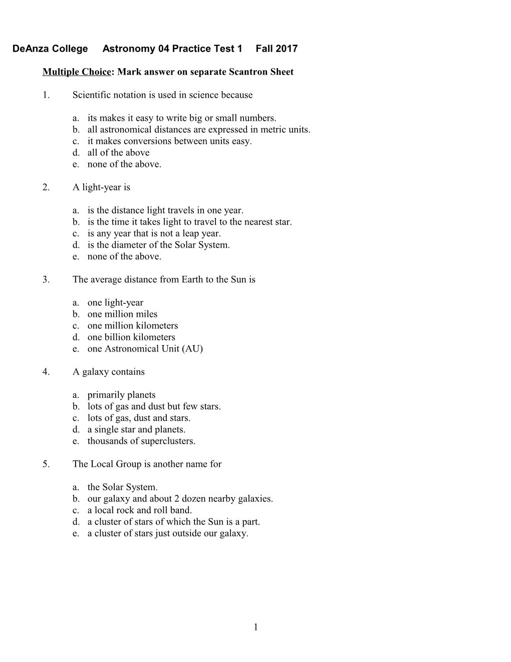 Deanza College Astronomy 04 Practice Test 1 Fall 2017