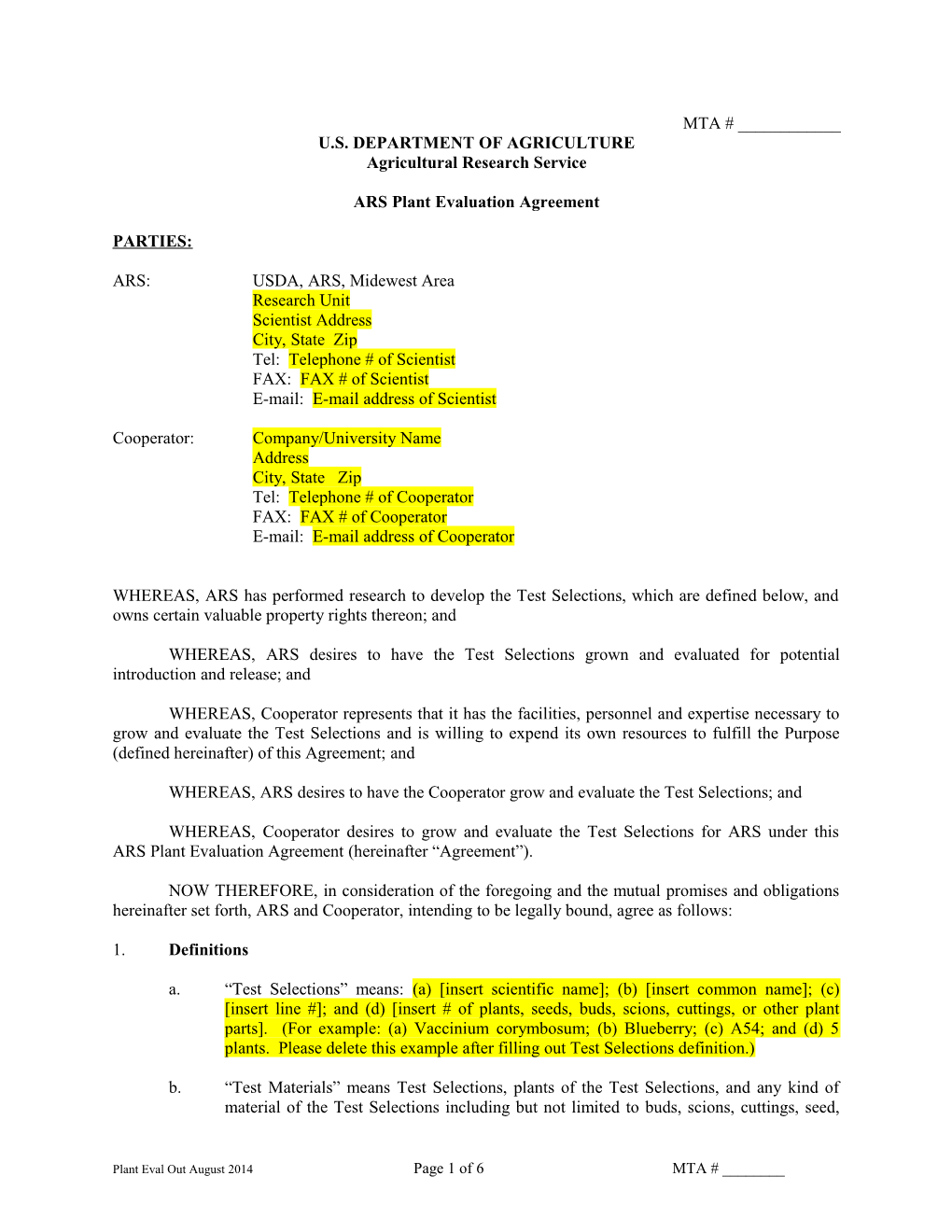 Material Transfer/Testing Agreement