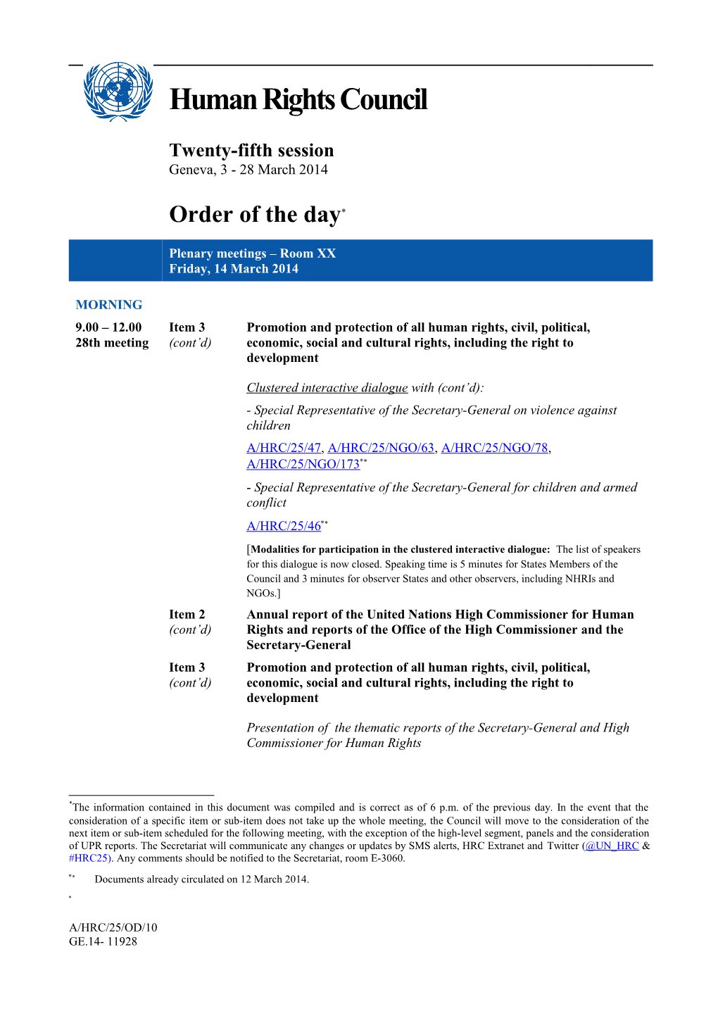 Order of the Day, Friday, 14 March 2014 in English (Word)