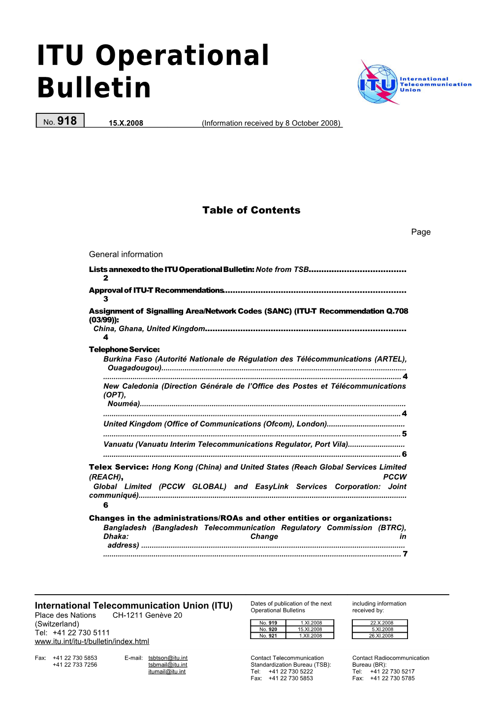 ITU Operational Bulletin No.918 Du 1.VIII.2008