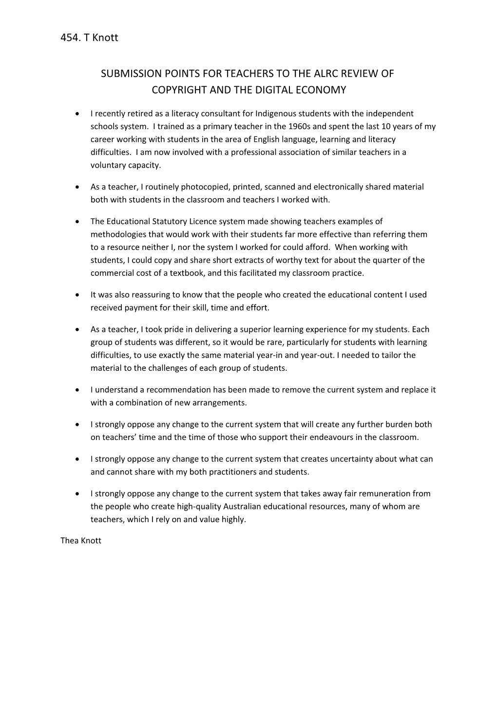 Submission Points for Teachers to the Alrc Review of Copyright and the Digital Economy