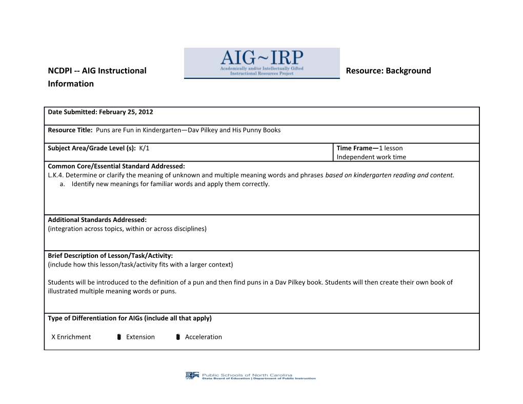 NCDPI AIG Instructional Resource: Background Information s3