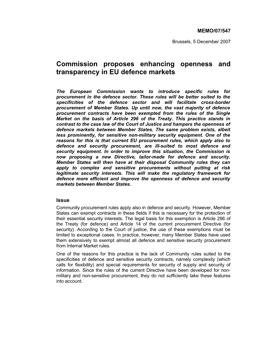 Commission Proposes Enhancing Openness and Transparency in EU Defencemarkets