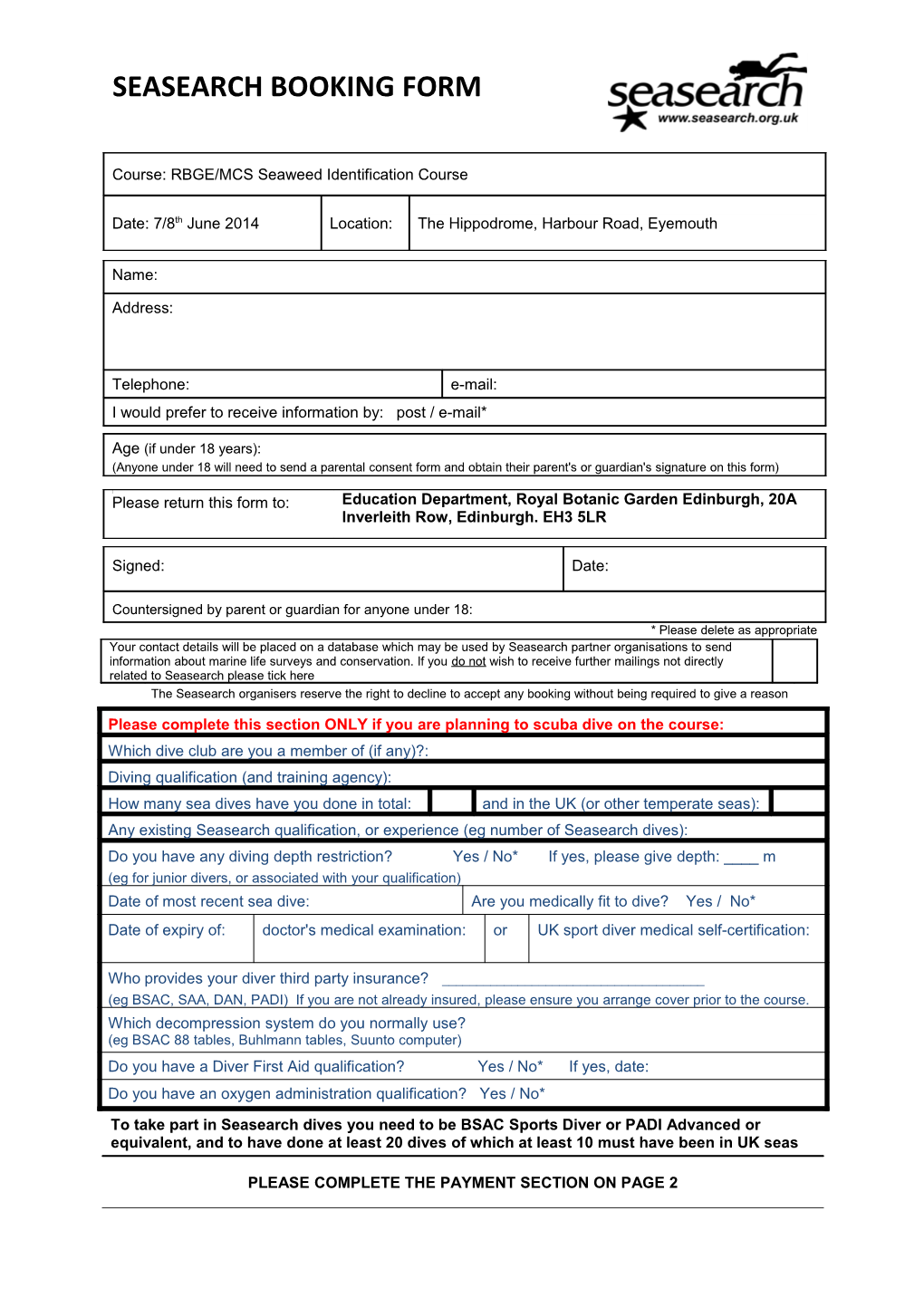 Seasearch Booking Form