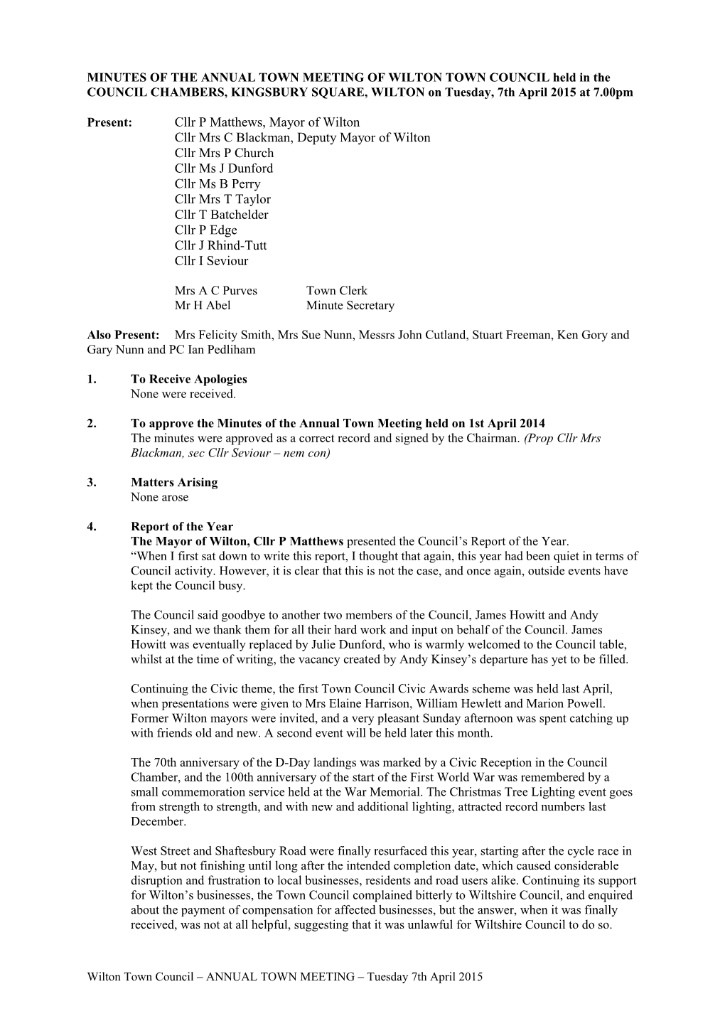 MINUTES of a Meeting of WILTON TOWN COUNCIL Held in the COUNCIL CHAMBERS, KINGSBURY SQUARE s3