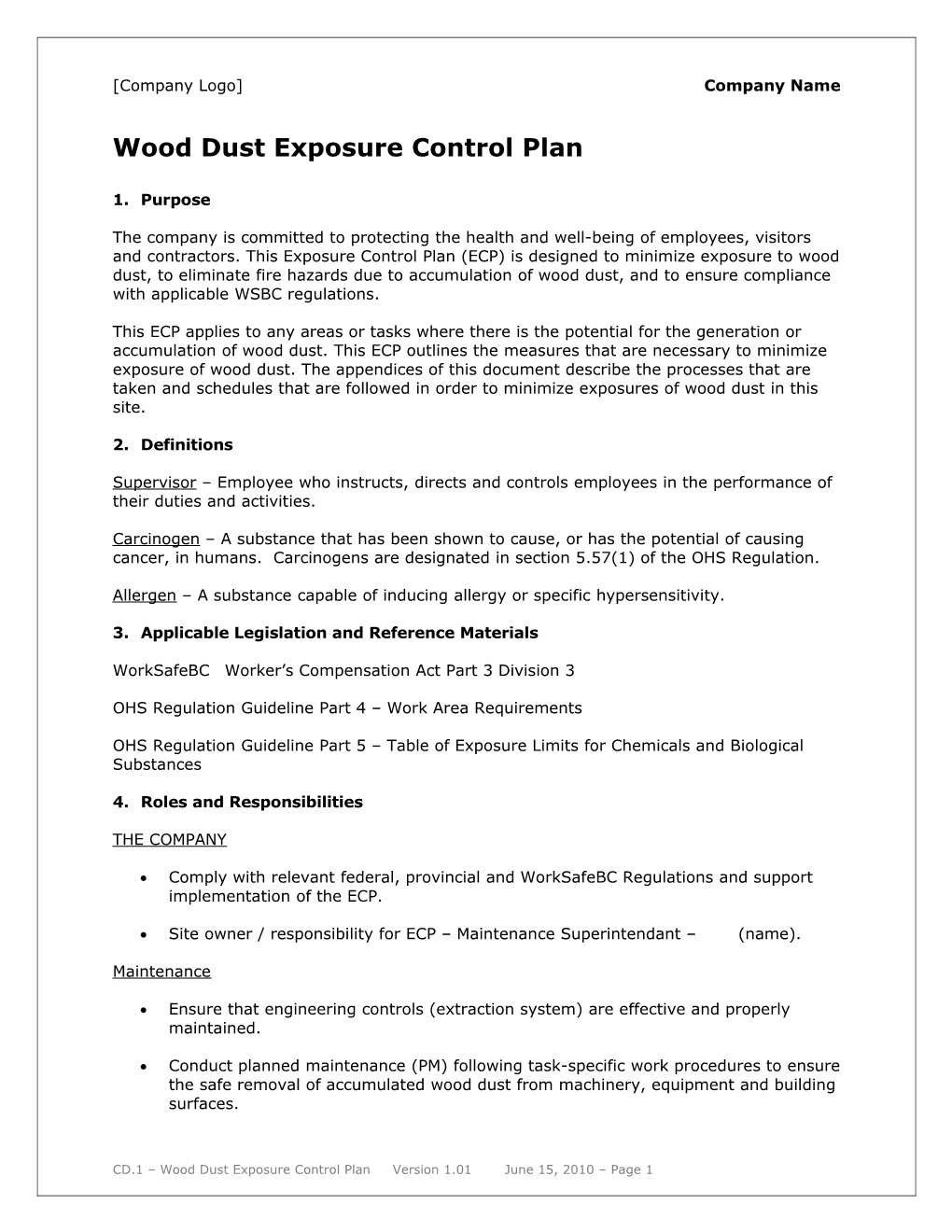 Wood Dust Exposure Control Plan