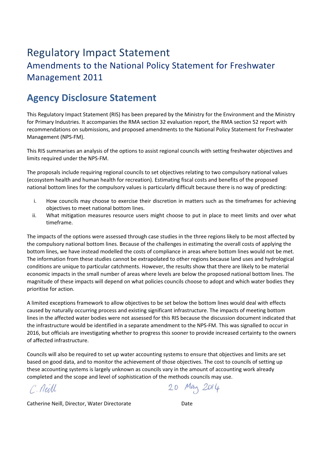 NPS-FM Amendments - Regulatory Impact Statement