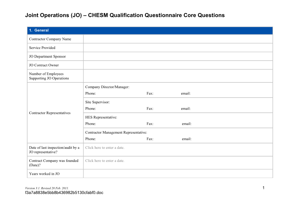 JO Qualification Questionnaire Core Questions 2010