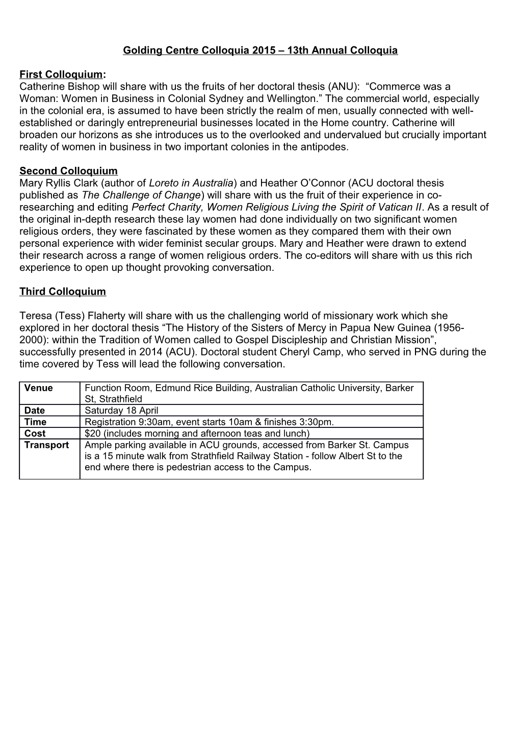 Golding Centre Colloquia 2015 13Th Annual Colloquia