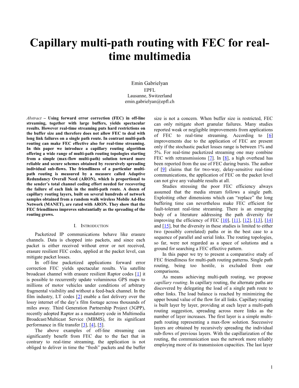 Capillary Multi-Path Routing with FEC for Real-Time Multimedia