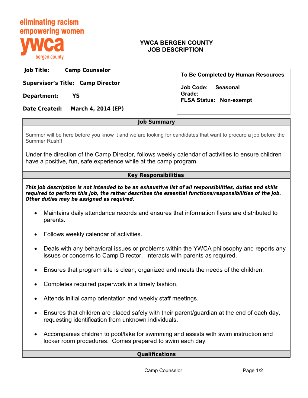 YWCA Job Description Template