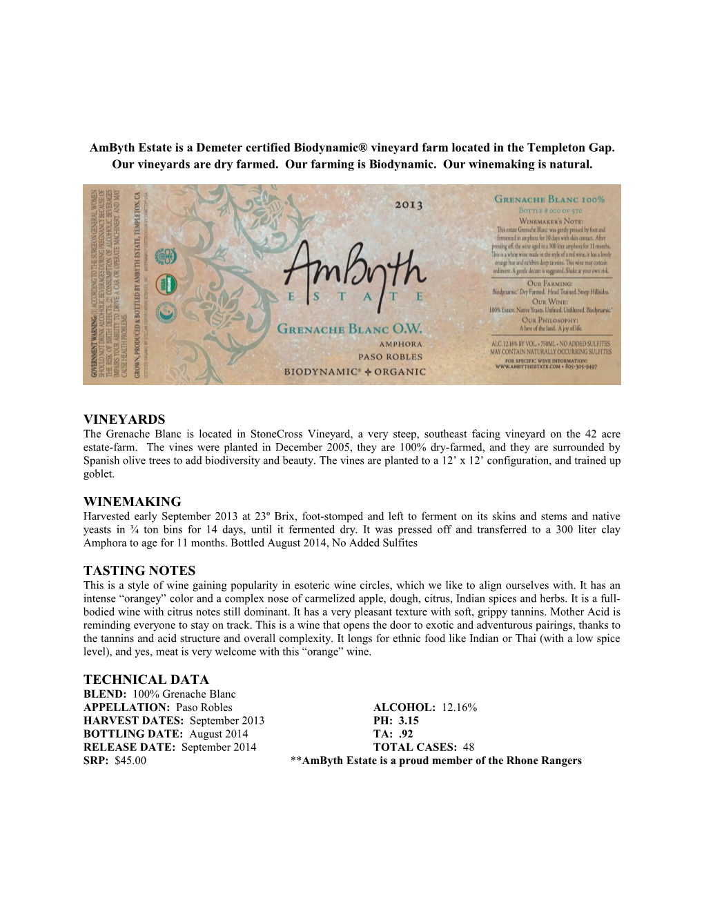 Ambyth Estate Is a Demeter Certified Biodynamic Vineyard Farm Located in the Templeton