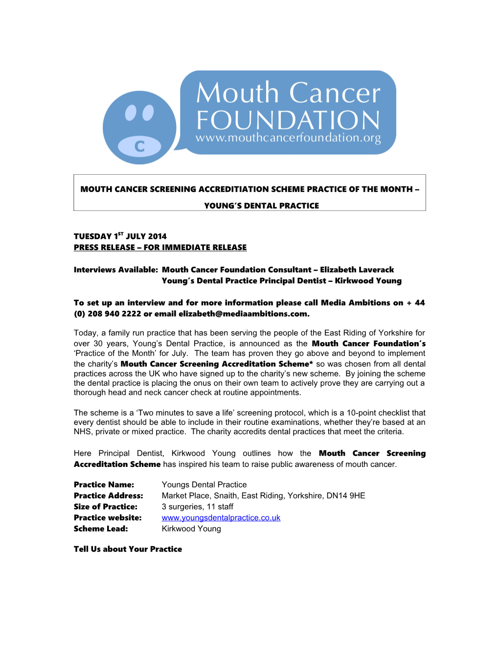 Mouth Cancer Screening Accreditiation Scheme Practice of the Month Young S Dental Practice