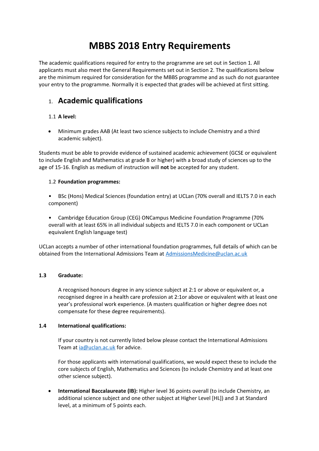 MBBS 2018 Entry Requirements