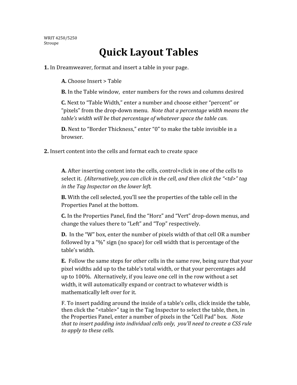 Quick Layout Tables
