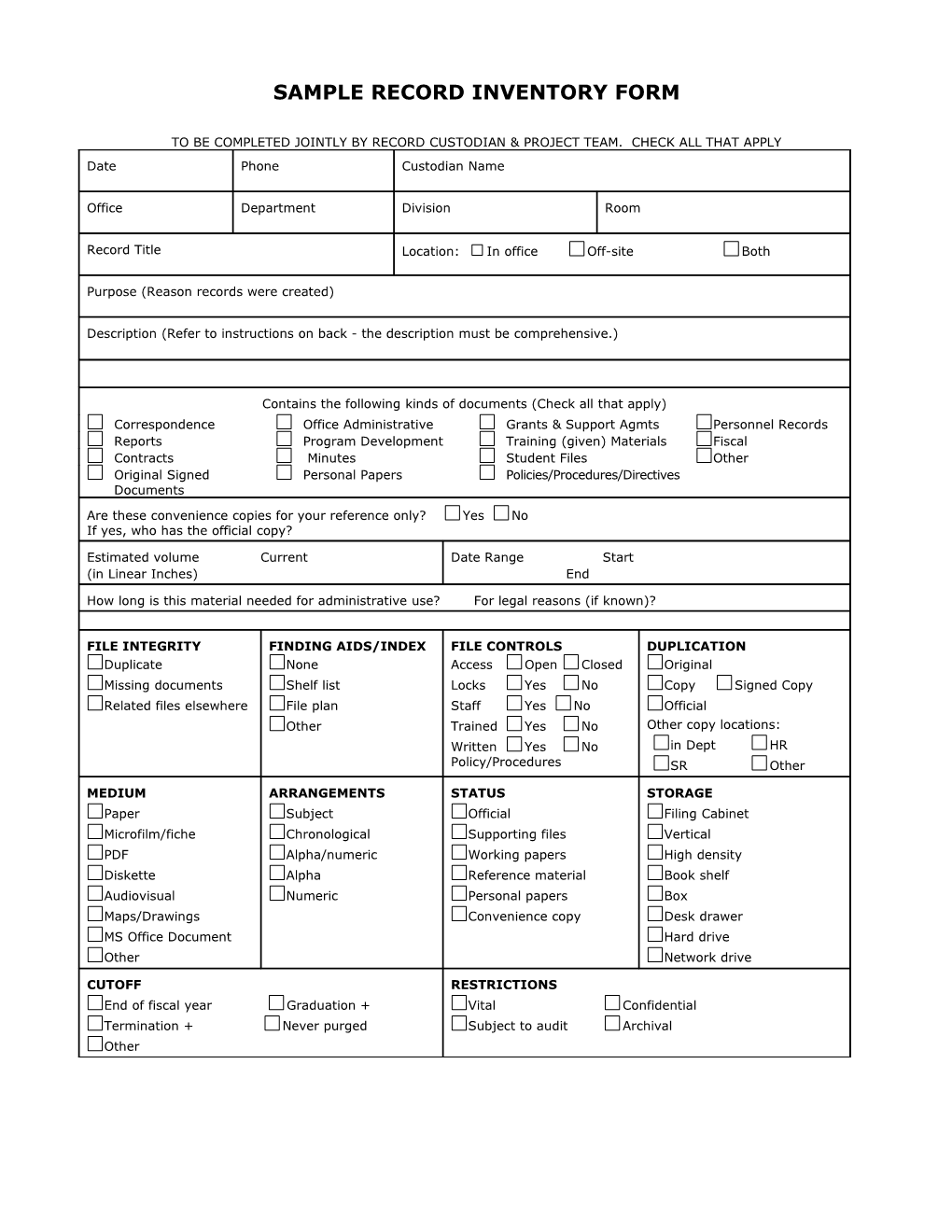 Sample Record Inventory Form