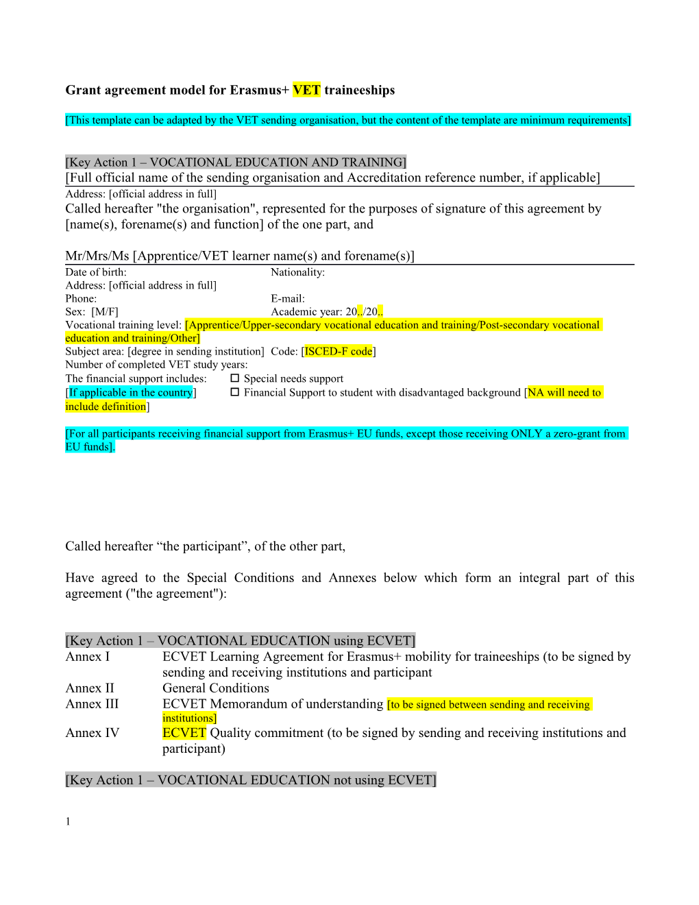 Grant Agreement Model for Erasmus+ Vettraineeships