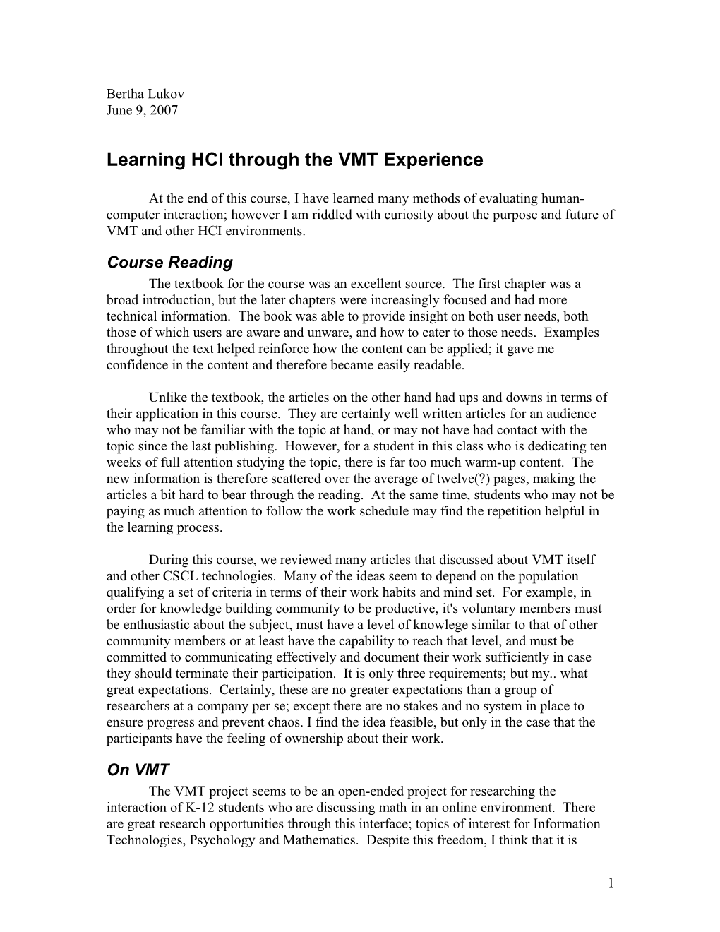 Learning HCI Through the VMT Experience