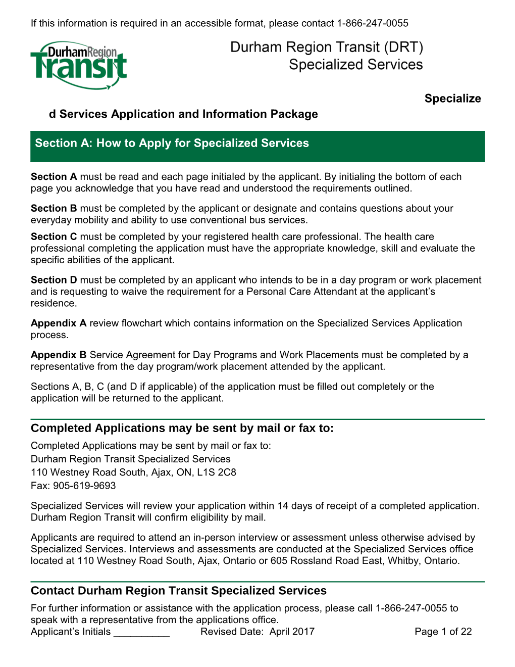 Specialized Services Application and Information Package