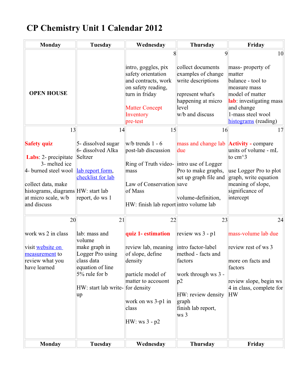 CP Chemistry Unit 2 Calendar