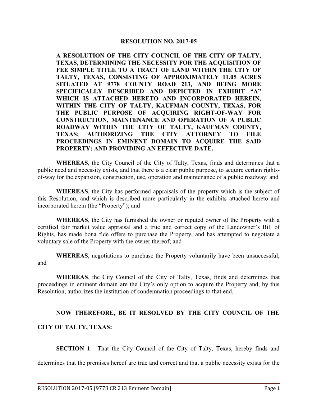 A Resolution of the City Council of the City of Talty, Texas, Determining the Necessity