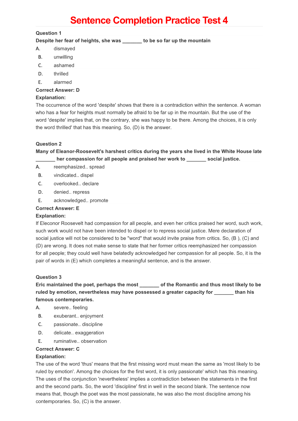 Sentence Completion Practice Test 4