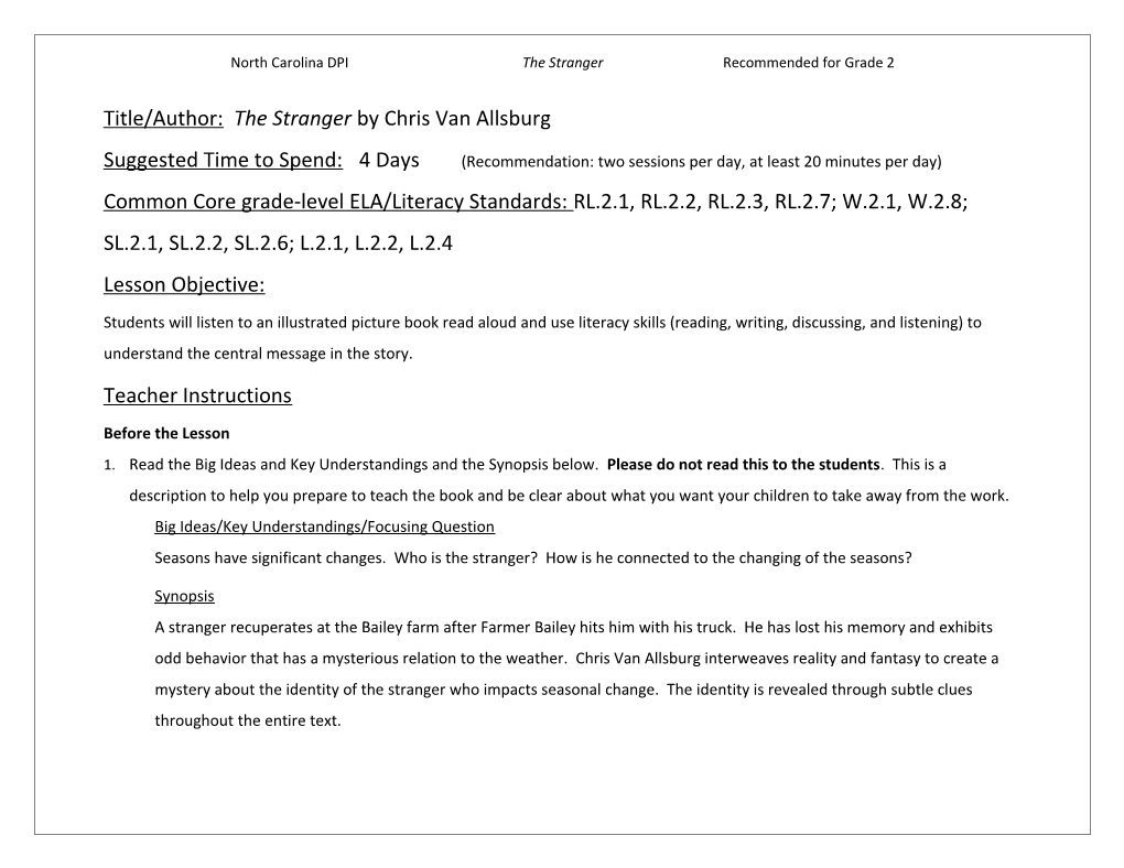 North Carolina DPI the Stranger Recommended for Grade 2