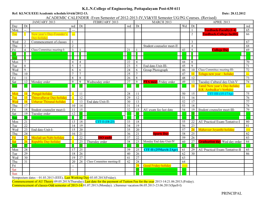 Ref: KLNCE/EEE/Academic Schedule/Even/2012-13