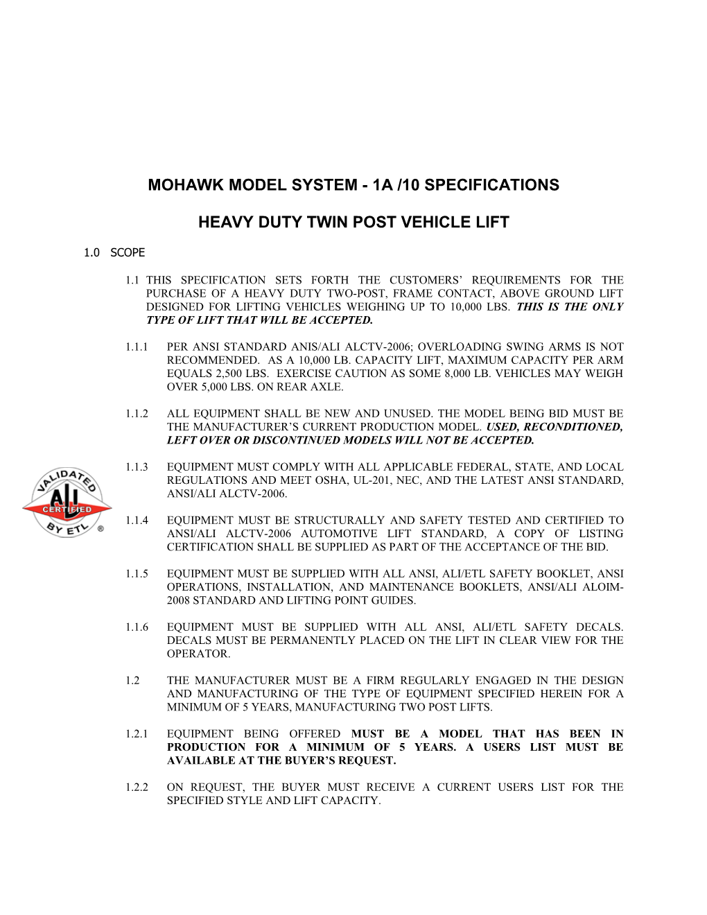 __ Mohawk Model System -1A Specifications