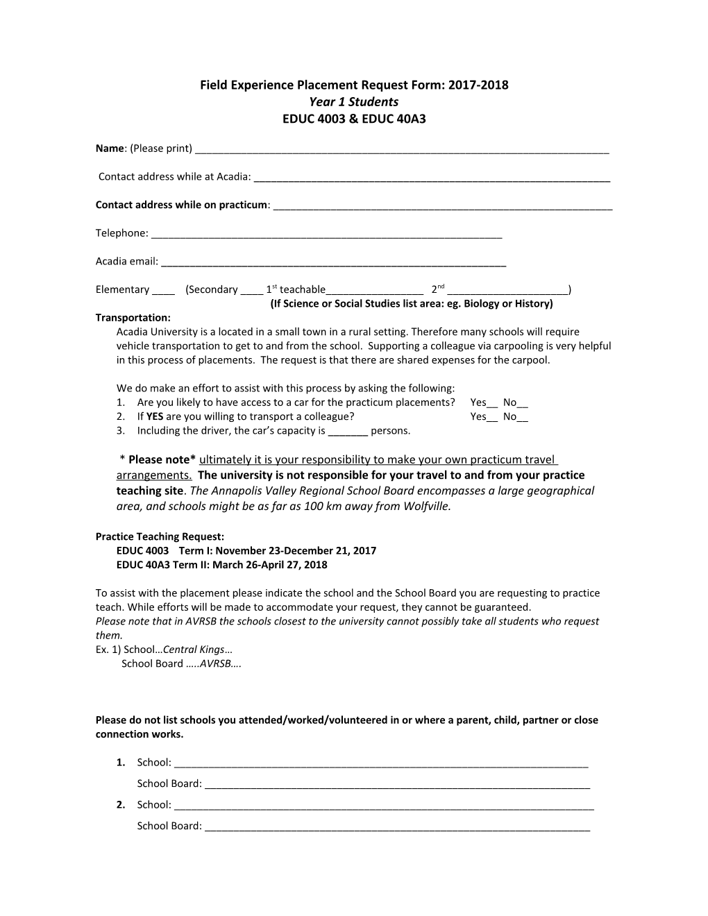 Field Experience Placement Request Form: 2010-2011