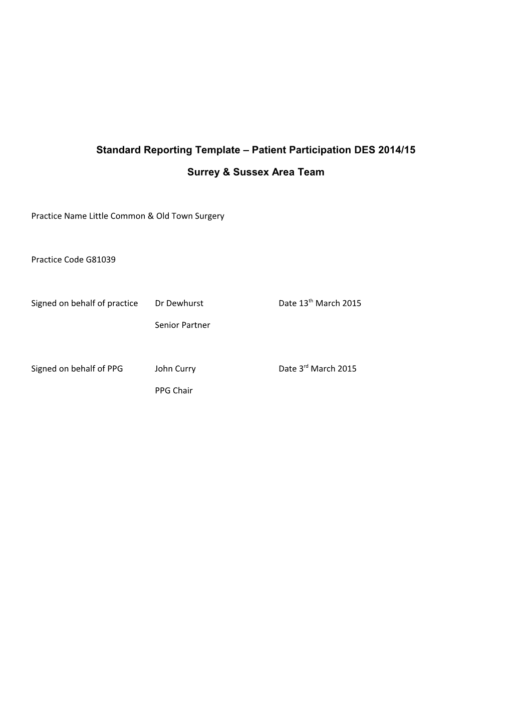 Standard Reporting Template Patient Participation DES 2014/15