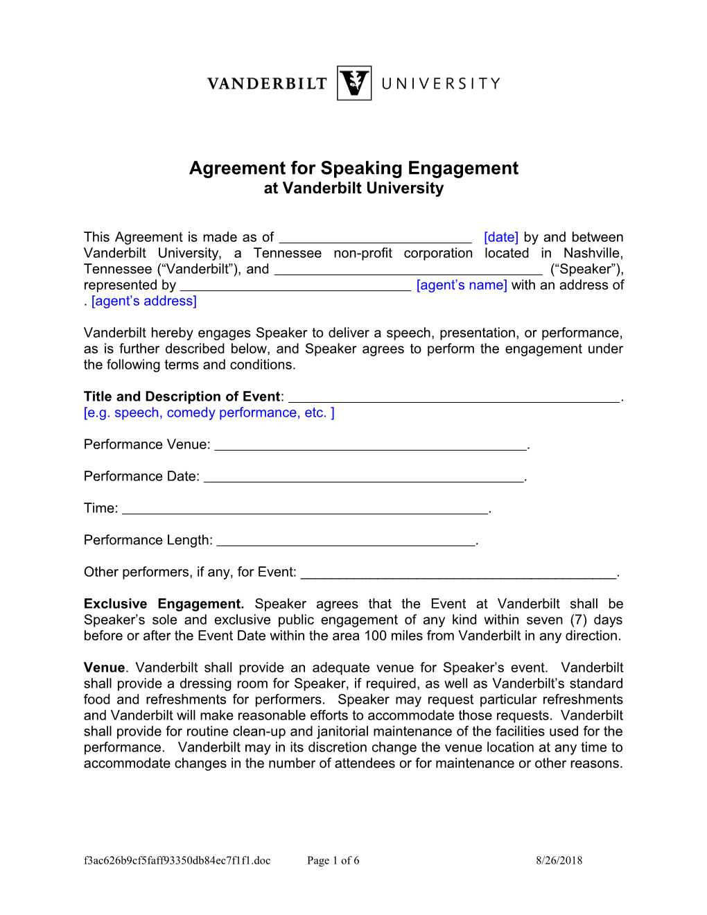 Agreement for Speaking Engagement