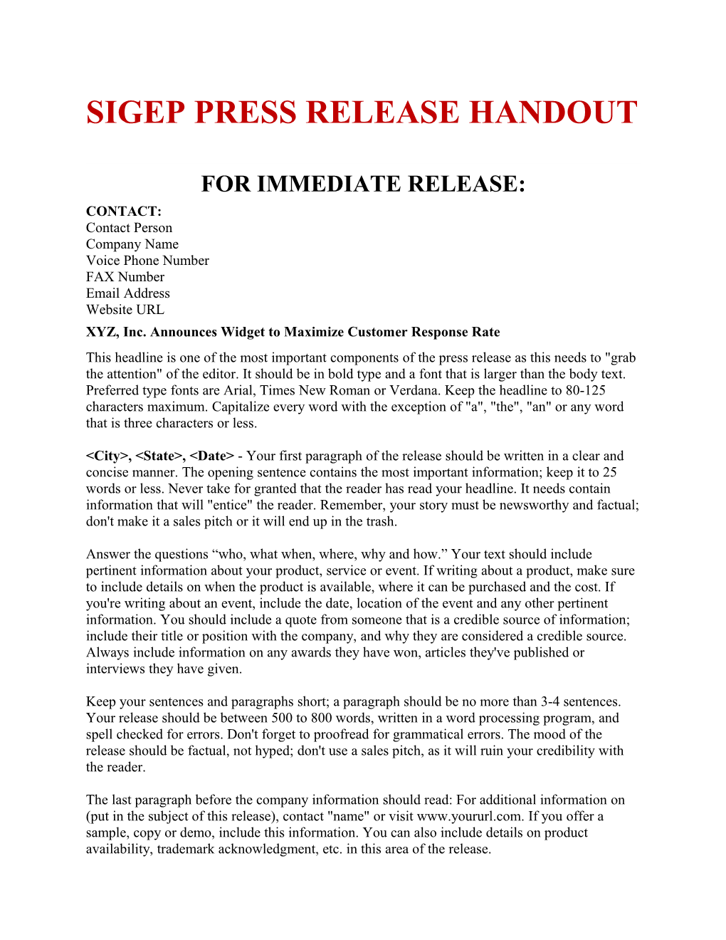 Sigep Press Release Handout