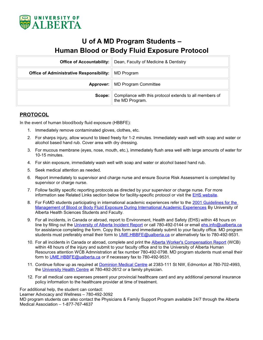 Human Blood Or Body Fluid Exposure Protocol