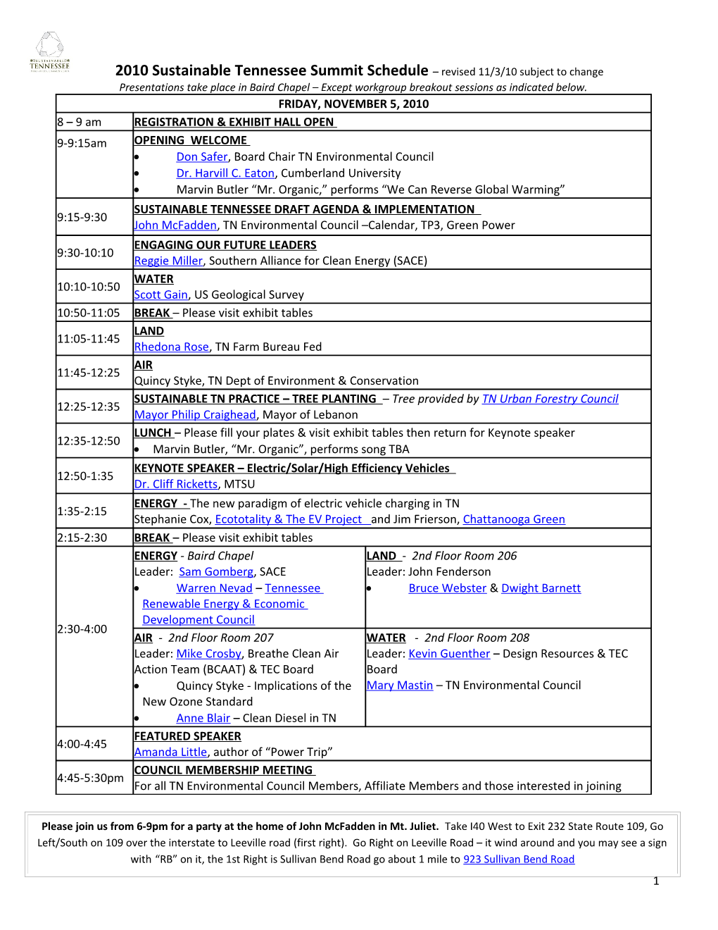 2008 Summit for a Sustainable Tennessee Itinerary