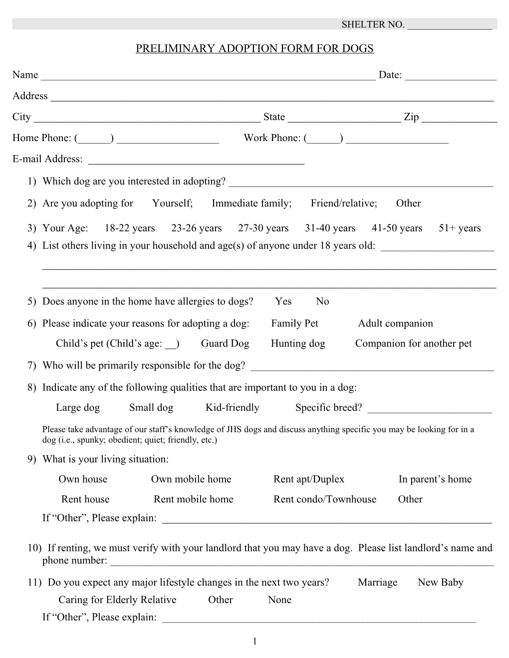 Preliminary Adoption Form for Dogs