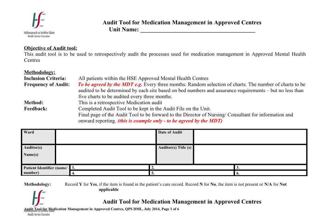 Audit Tool for Medication Management in Approved Centres