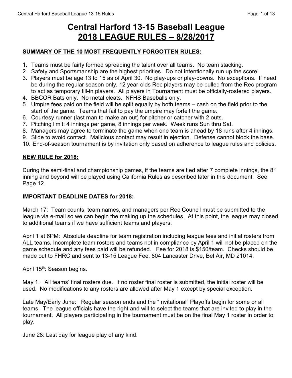Central Harford Baseball League 13-15 Rules Page 1 of 13