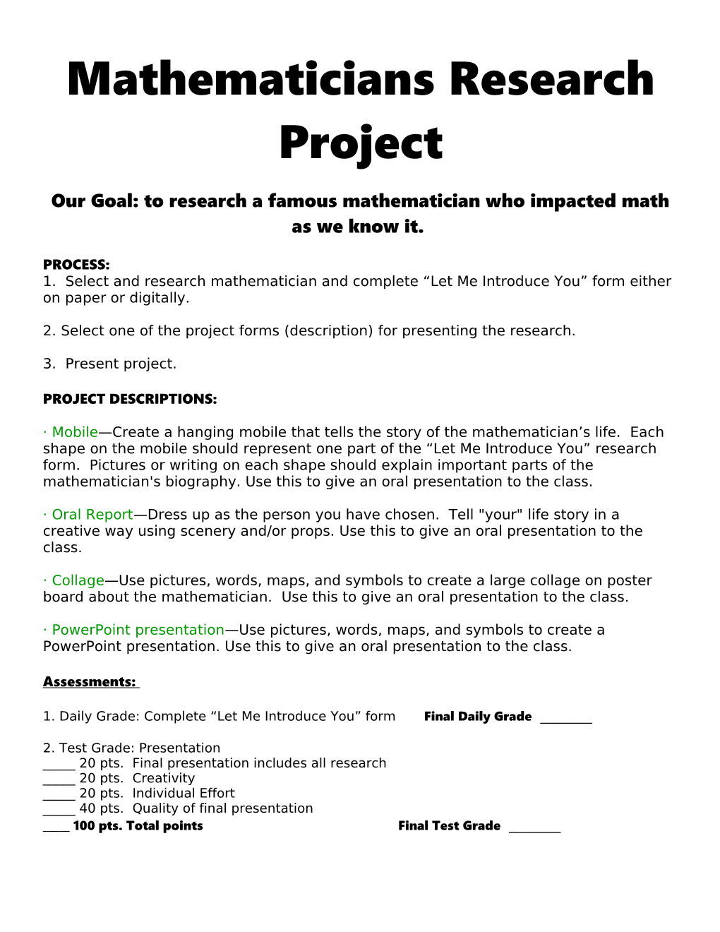 Mathematicians Research Projects
