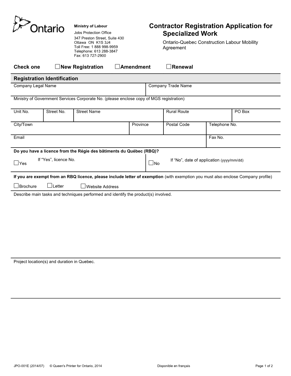 Contractor Registration Application for Specialized Workontario-Quebec Construction Labour