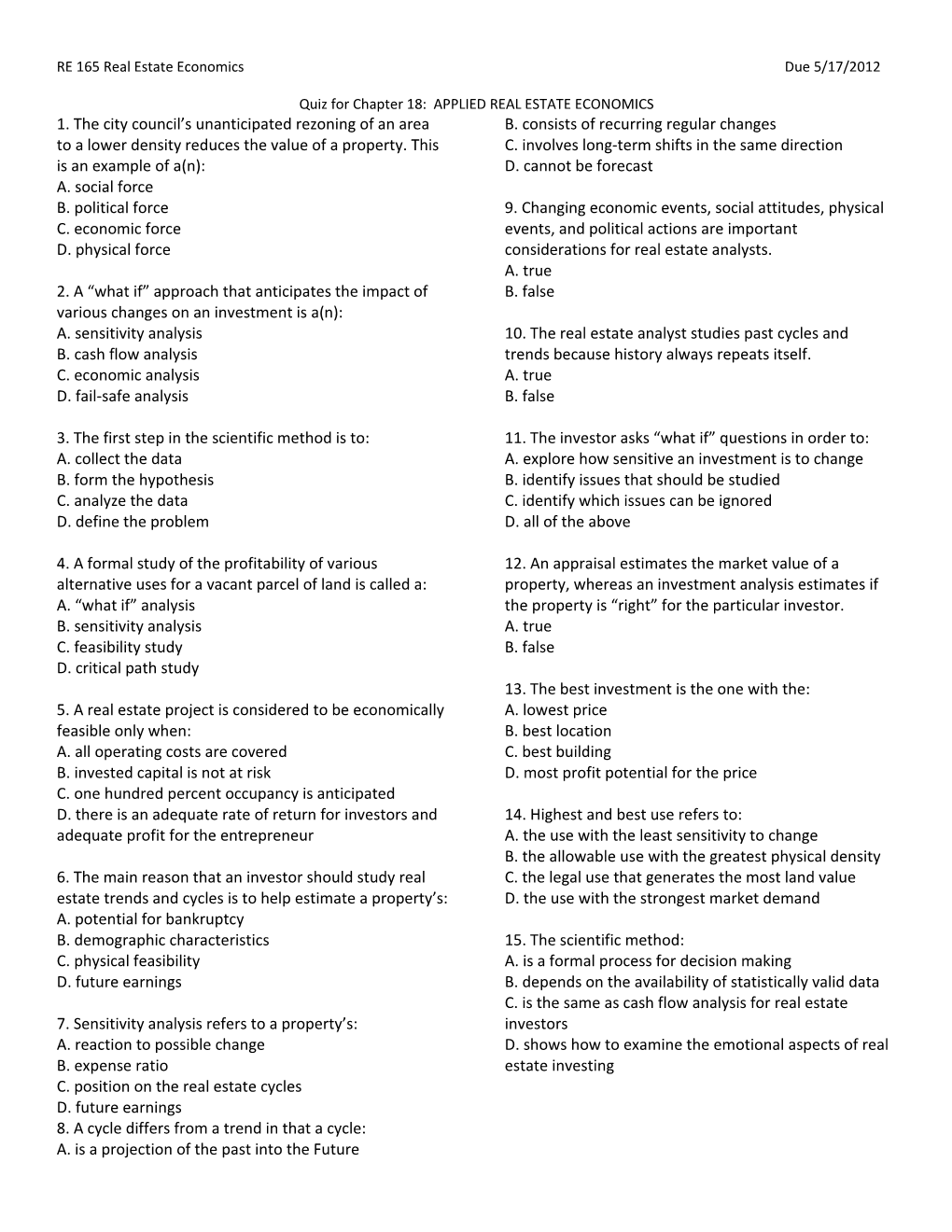 RE 165 Real Estate Economics Due 5/17/2012 s1