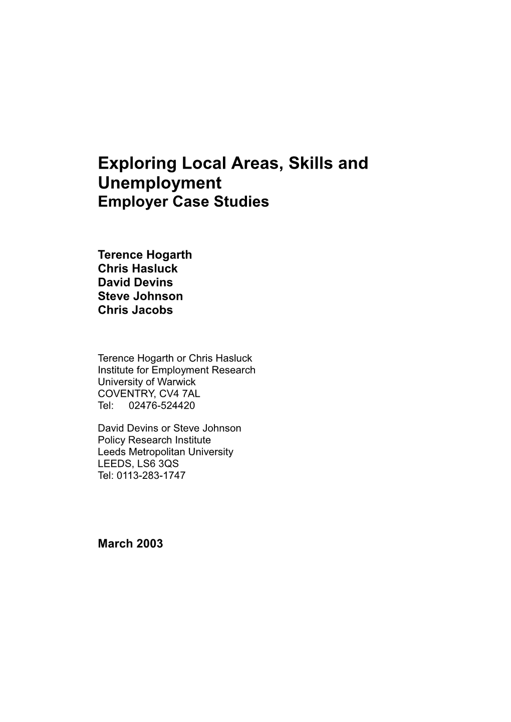 Skills, Local Areas, and Unemployment