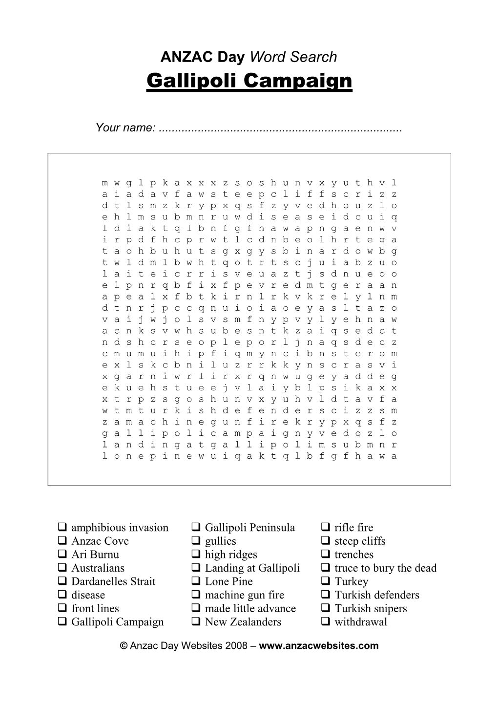 ANZAC Day Word Search