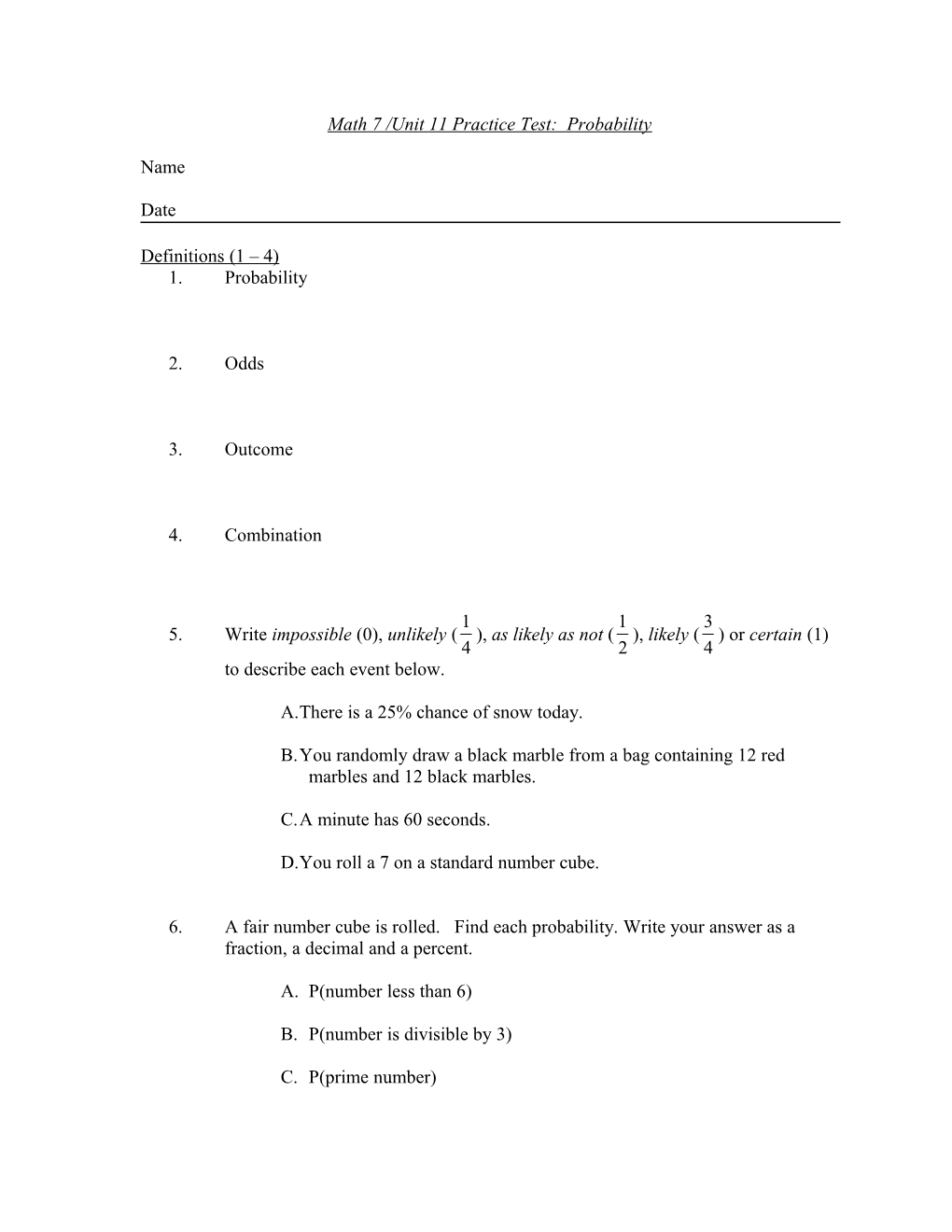 Math 7 /Unit 11 Practice Test: Probability