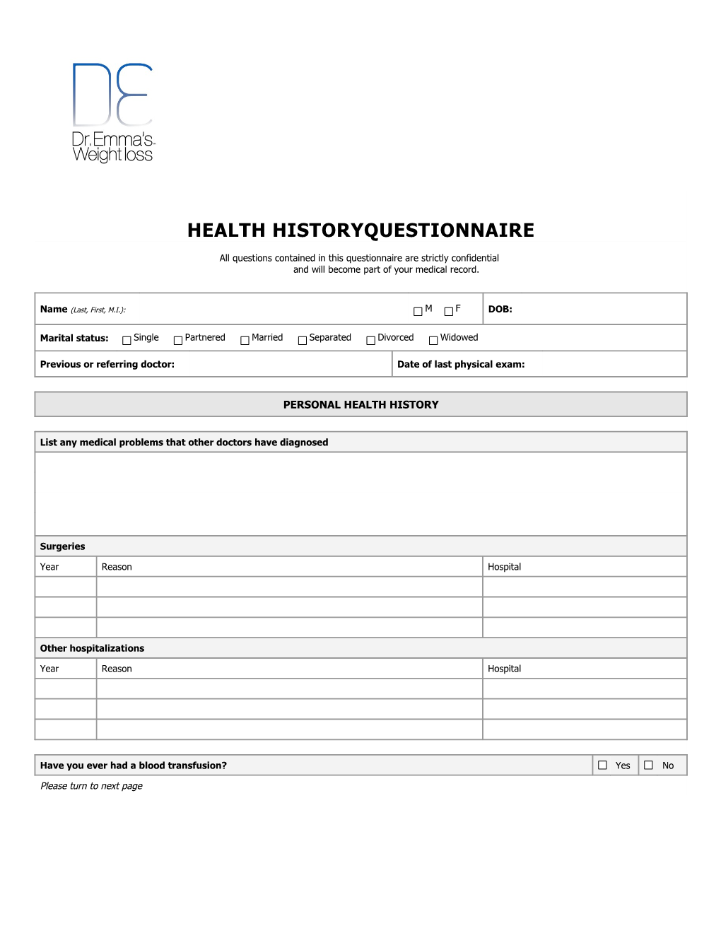 Health History Questionnaire (Online)