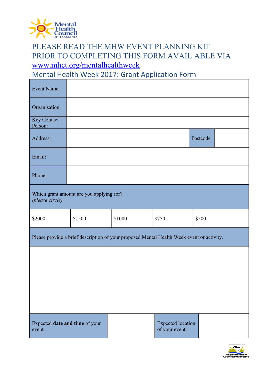 Mental Health Week 2017: Grant Application Form