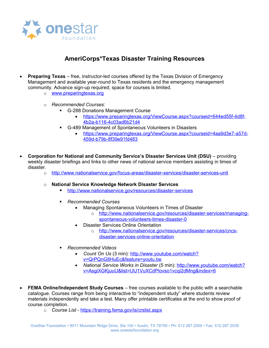 Americorps*Texas Disaster Training Resources